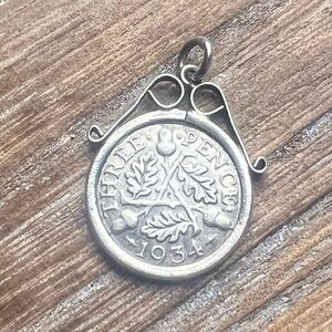 Vintage 1934 Three Pence Coin Pendant Great Britain
